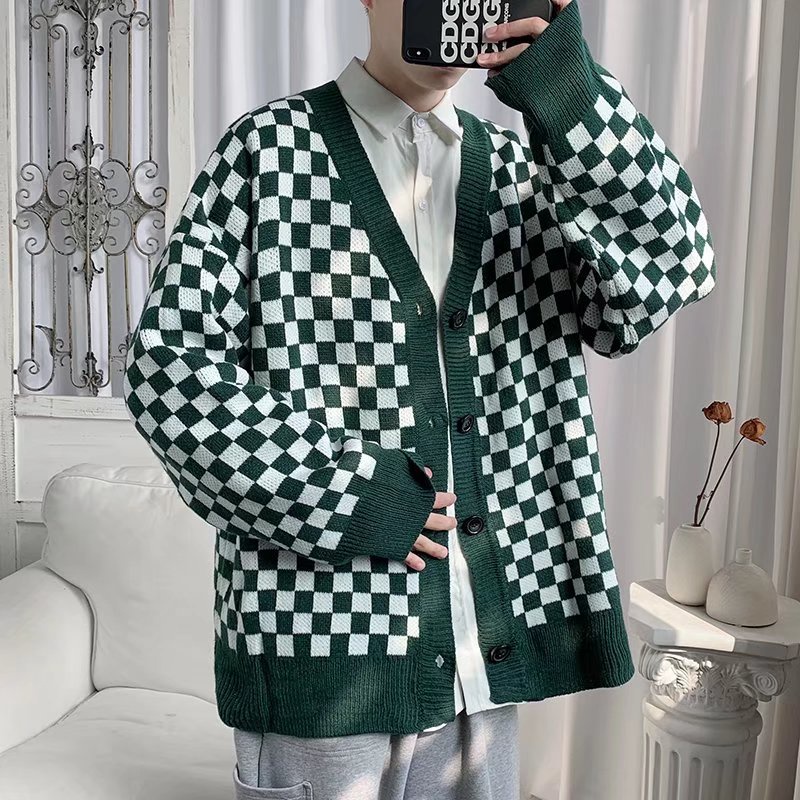 Áo khoác cardigan dệt kim mỏng in hoạ tiết caro phong cách mùa xuân học đường cho nam và nữ