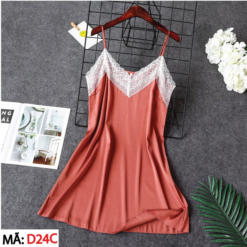 HISEXY Váy Ngủ 2 Dây Nữ Ren Xẻ Liền Thân Chất Lụa Satin Cao Cấp Đủ Size Dưới 75Kg MD29