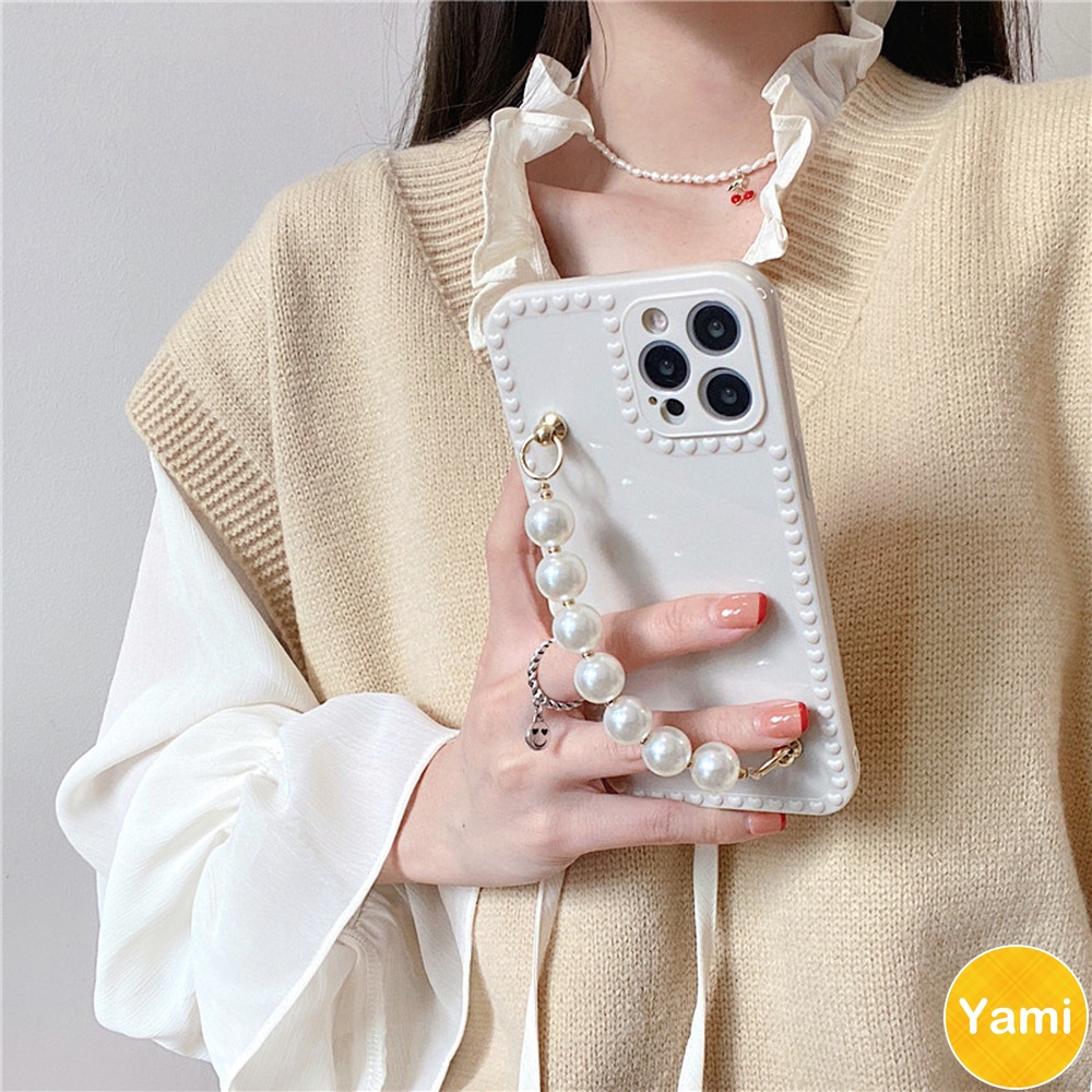 Ốp điện thoại TPU dẻo có dây đeo đính ngọc trai trắng cao cấp dành cho Iphone 13 11 pro max x xr 8 7 plus | BigBuy360 - bigbuy360.vn