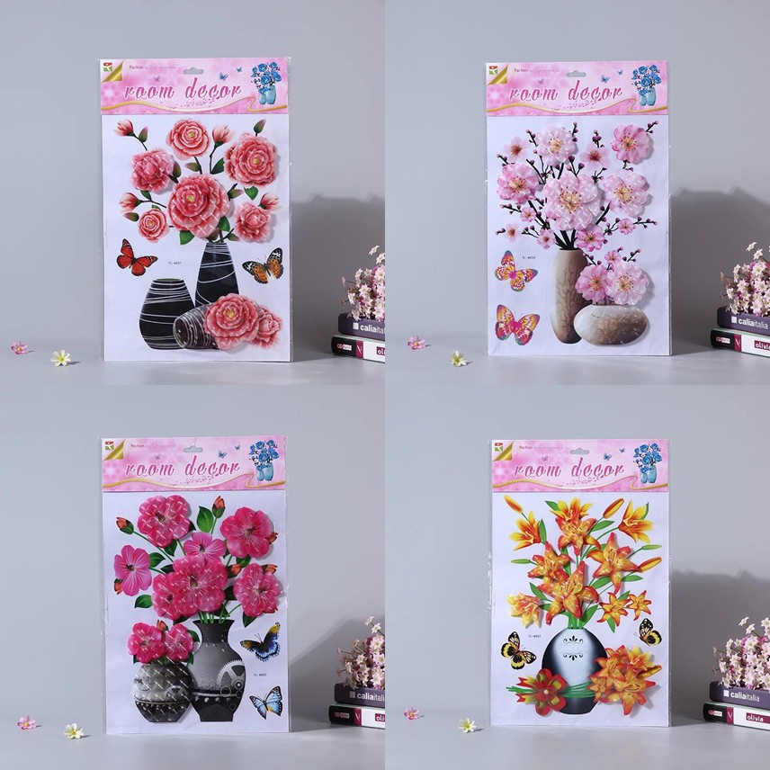 Tranh dán tường 3D hình lọ hoa, decor bình hoa dán tường siêu đẹp