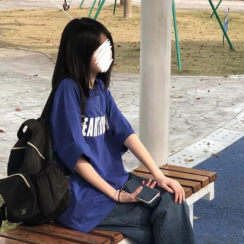 áo phông Áo Thun Nữ Tay Ngắn In Chữ Klein Màu Xanh Dương Phong Cách Harajuku Mùa Hè Mới Dễ Phối Đồ