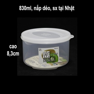 Hộp nhựa tròn đựng thực phẩm 830ml trong suốt, nắp dẻo, đường kính 13,4cm cao 8,3cm. sx tại Nhật. K383