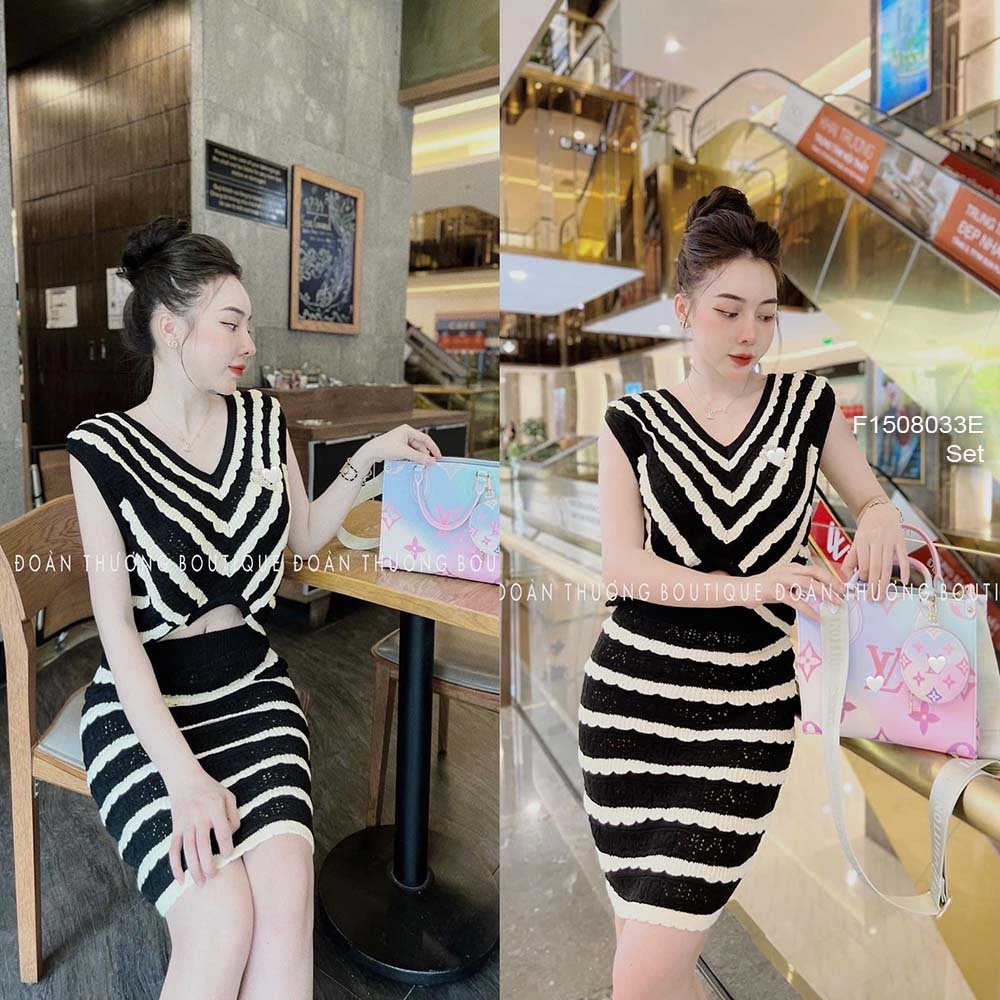 Set bộ len kẻ họa tiết kẻ sọc áo kiểu cổ tim sát nách kèm chân váy ngắn hàng QC loại 1!