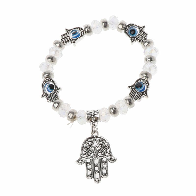 Vòng tay co giãn xanh phối chuỗi hạt hình mắt quỷ độc đáo