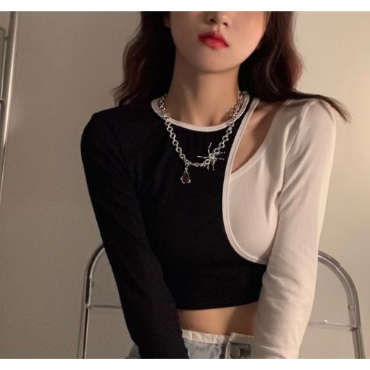 SẴN Áo Thun Croptop Áo Thun Dài Tay Xẻ Cổ Áo Thun Ôm Phối Màu Nữ Phong Cách Hàn Quốc