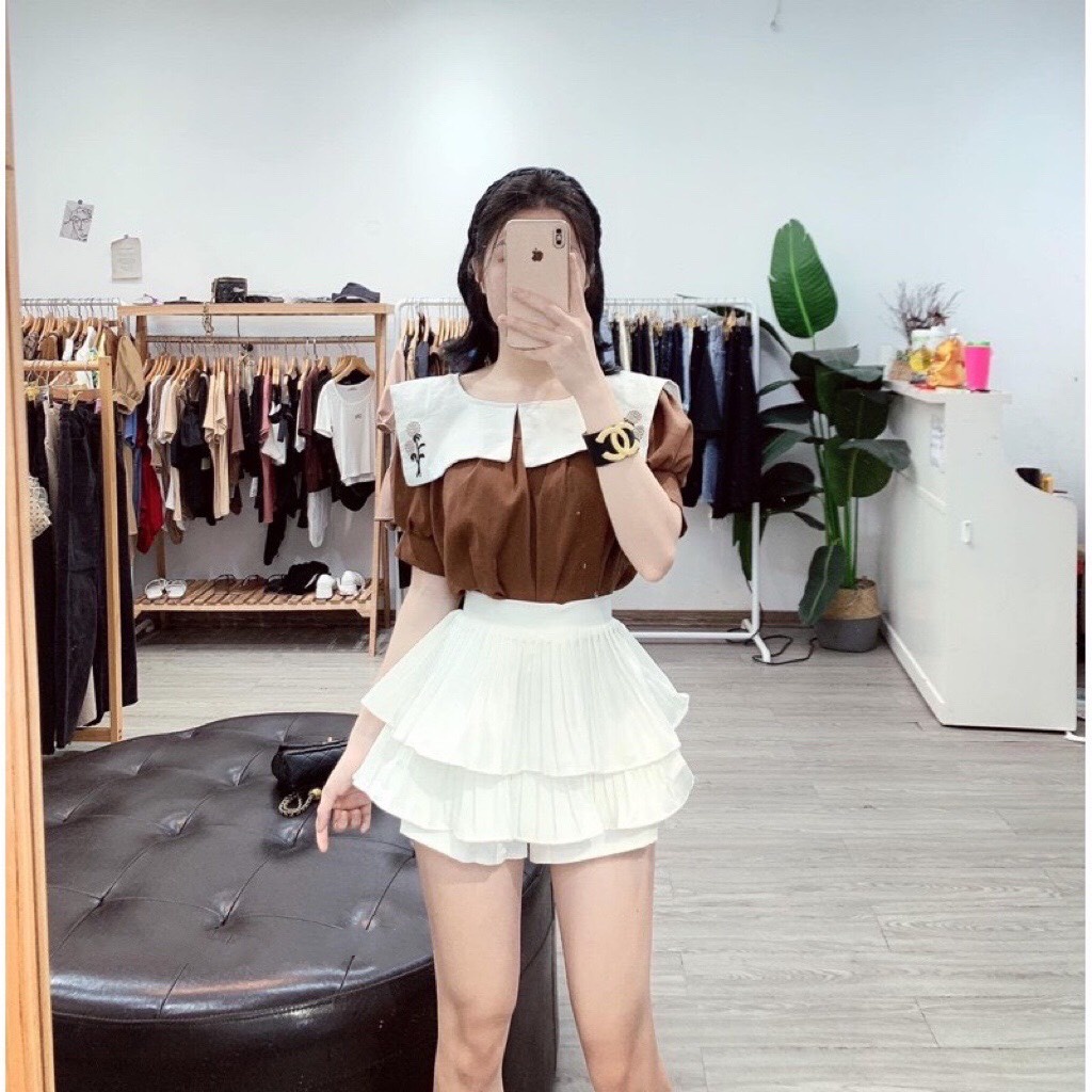 Áo Babydoll Nâu Cổ Thủy Thủ Thêu Hoa Trắng - Áo Nữ Babydoll Phối Màu Nâu Tây Cổ Bèo Trắng Vintage
