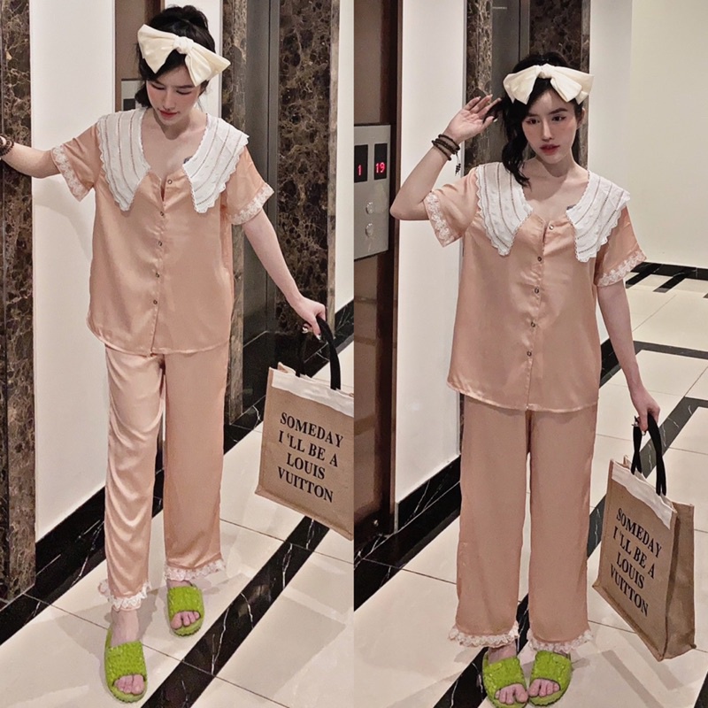Đồ bộ pijama Tiểu Thư mặc nhà Lụa satin phối ren tay ngắn quần dài dầy dặn cao cấp sang trọng cho bạn nữ