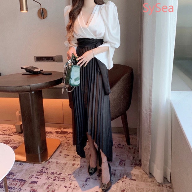 Set Áo Chiffon + Chân Váy Dài Xếp Ly Thời Trang Pháp Cho Nữ