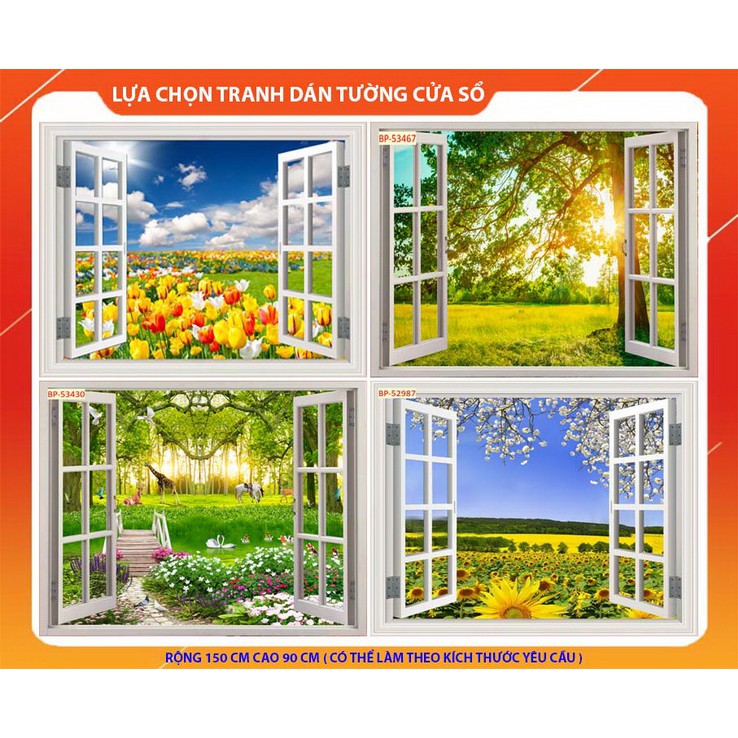 Tranh dán tường vải lụa phủ kim tuyến in hình cửa sổ 3D Kích thước 150 x 90