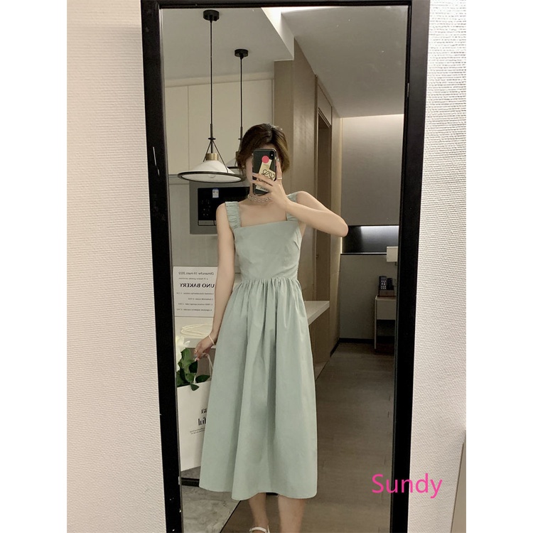 Đầm Hai Dây Màu Trơn Thời Trang Mùa Hè Cho Nữ