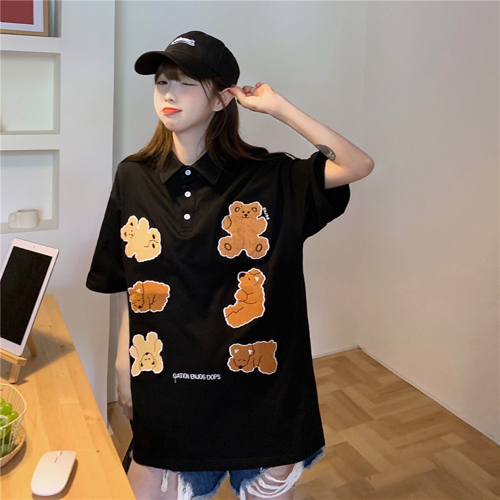 áo thun unisex cổ bẻ Gấu nâu thêu from rộng