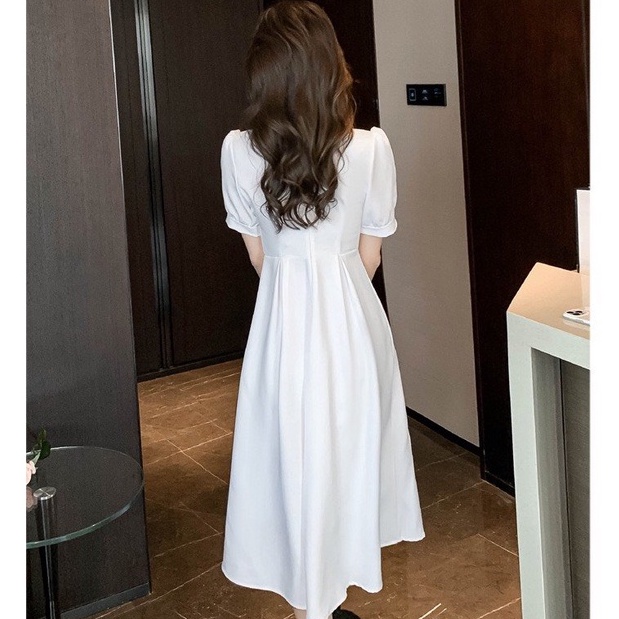 Đầm Váy Thiết Kế Đi Tiệc MAIHOUSE Nhún Ngực Cổ Vuông Tay Phồng Dáng Xoè Chất Cotton Màu Đen , Xanh , Đỏ - D2408