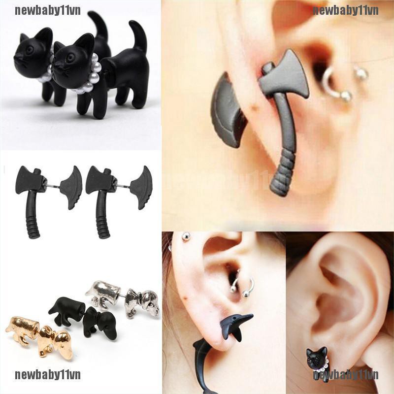 1 Khuyên Tai Unisex Hình Mèo Đen Ngọc Trai