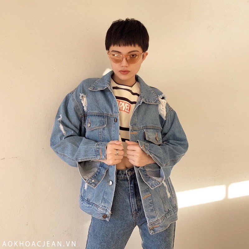 Áo khoác jean,bò nữ Rách oversize unisex có 6 túi có túi trong dành cho nam nữ hàng cao cấp