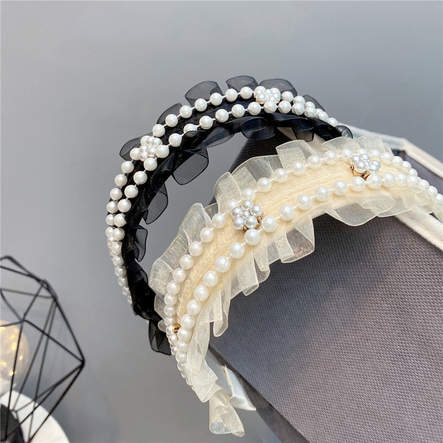 Băng đô bản rộng phối ren đính ngọc trai nhân tạo phong cách Hàn Quốc