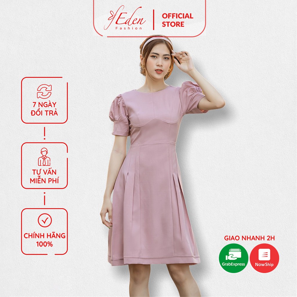 Đầm xòe chữ a tay phồng xếp li thời trang Eden cỗ tròn có túi chất liệu mềm mát không nhăn co giãn nhẹ - D437