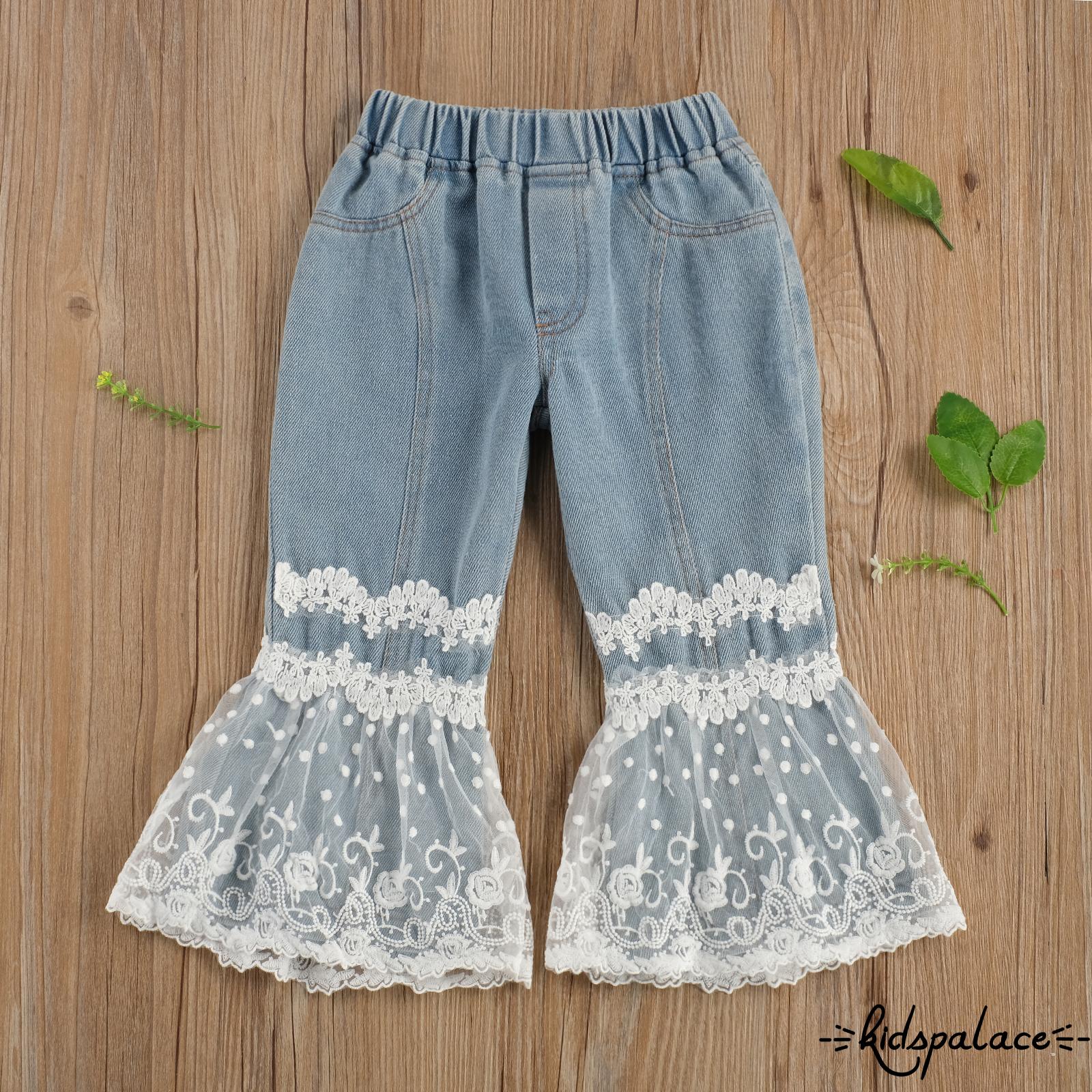 BbQ-Kids Girl Pants, Wide-Leg Trousers, Side Pockets Fall High Waist Ruffle Lace Floral Bell Bottoms