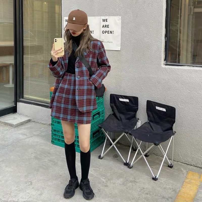 [SẴN ] Bộ Áo Khoác Blazer Dạ + Chân Váy Lưng Cao Dáng Chữ A Kẻ Sọc Phối Màu Tương Phản Cá Tính Kèm Ảnh Thật | BigBuy360 - bigbuy360.vn