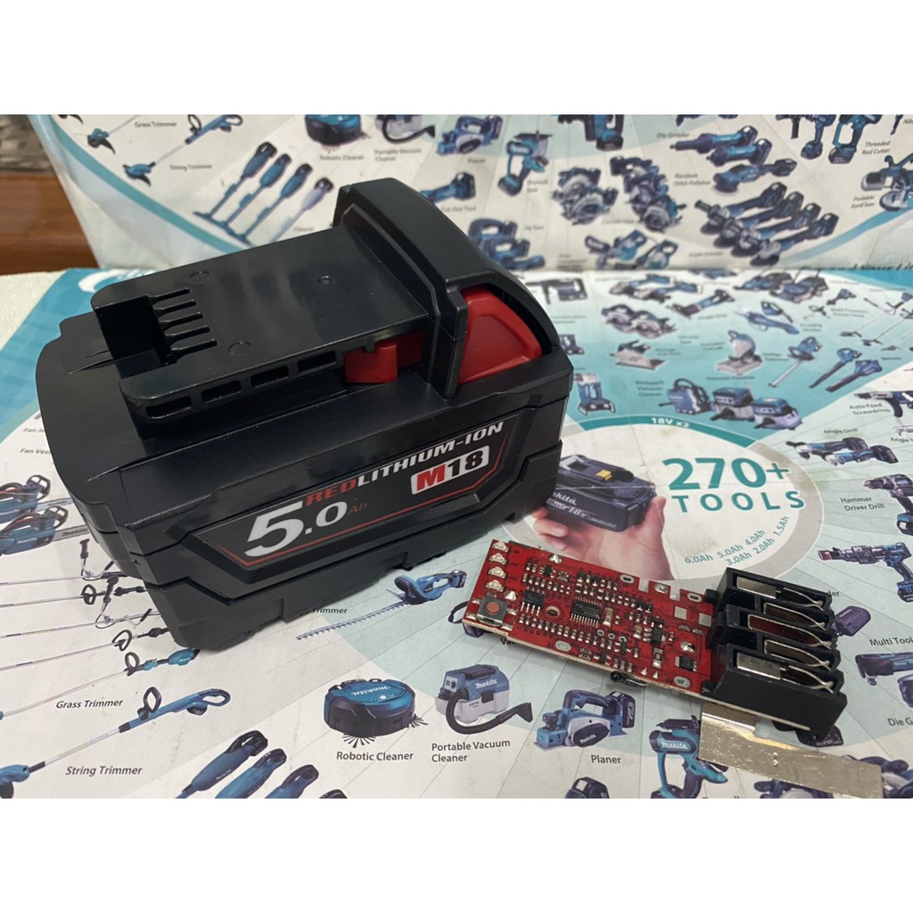 Vỏ mạch Milwaukee M18 5S 18V cân bằng, Led báo pin và nhận sạc zin.