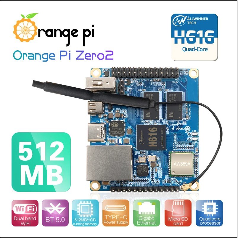 Máy tính nhúng Orange Pi Zero2 chip H616 2 phiên bản RAM 512MB/1GB cấp nguồn type C