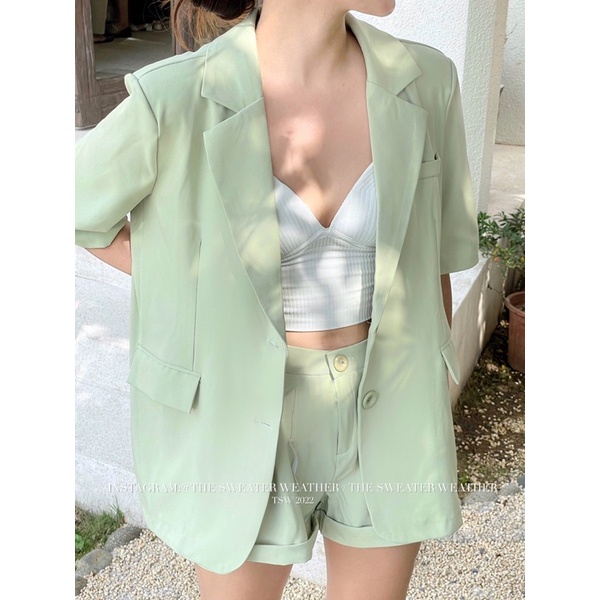 Set áo vest tay lỡ đệm vai xanh mint kèm quần short đồng màu the.sweaterweather TSW (ảnh thật) | WebRaoVat - webraovat.net.vn