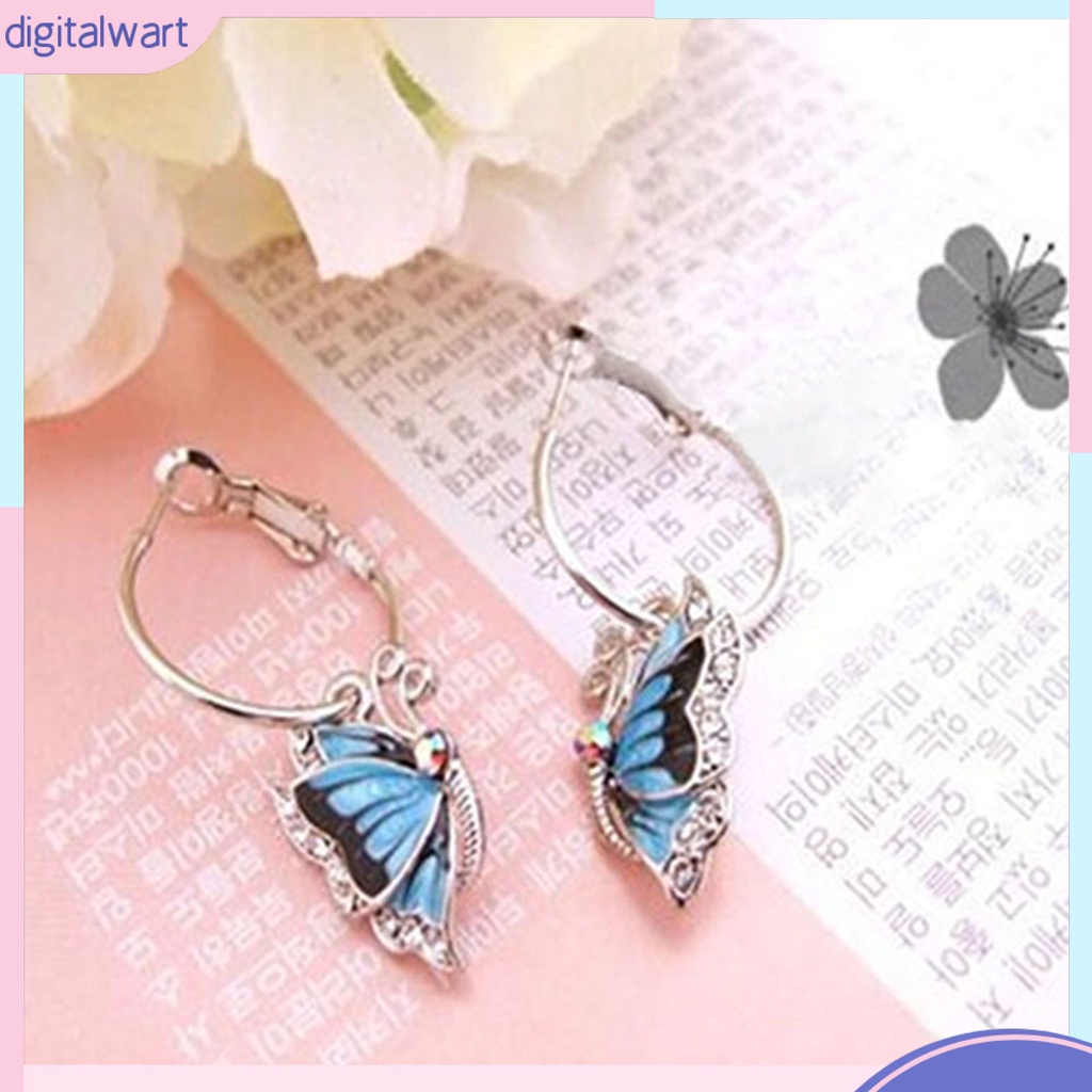 Đôi khuyên tai tròn thiết kế hình bướm đính đá pha lê nhân tạo xanh dương sang trọng cá tính dành cho nữ