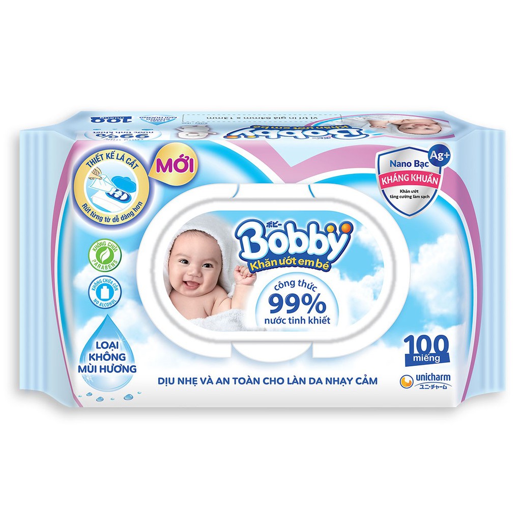 [Mã FMCG80 giảm 10% đơn từ 400K] Khăn ướt Bobby không mùi 100 miếng (Xanh)