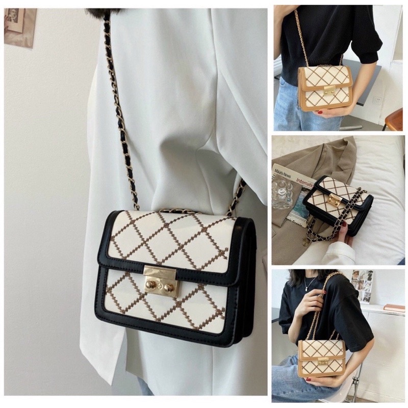 Túi Đeo Chéo Nữ, Túi Xách Da Vân Caro Khoá Bấm