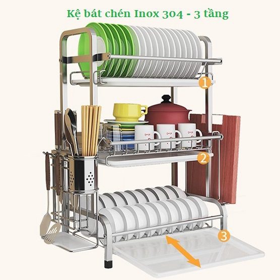 Kệ chén bát inox 304 cao cấp 3 tầng KÈM khay ráo nước (𝐓ặ𝐧𝐠 𝟐 𝐆𝐢á 𝐓𝐫𝐞𝐨 𝐃𝐚𝐨 𝐓𝐡ớ𝐭)