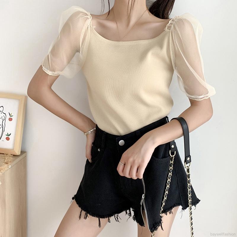 Áo kiểu ngắn dáng ôm phối lưới thời trang dành cho nữ Baywellfashion