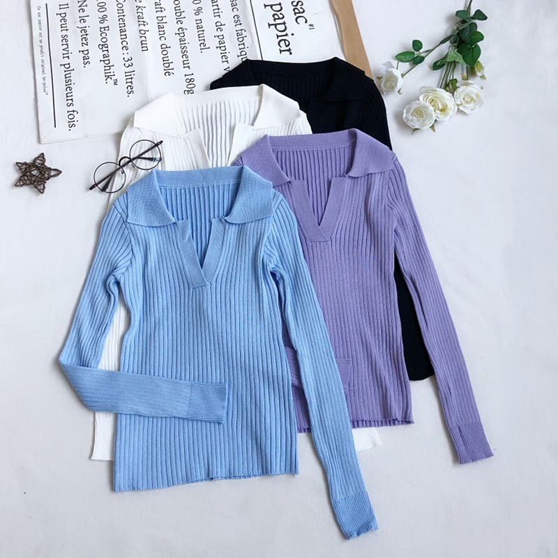 Áo dệt kim tay dài màu sắc thanh lịch