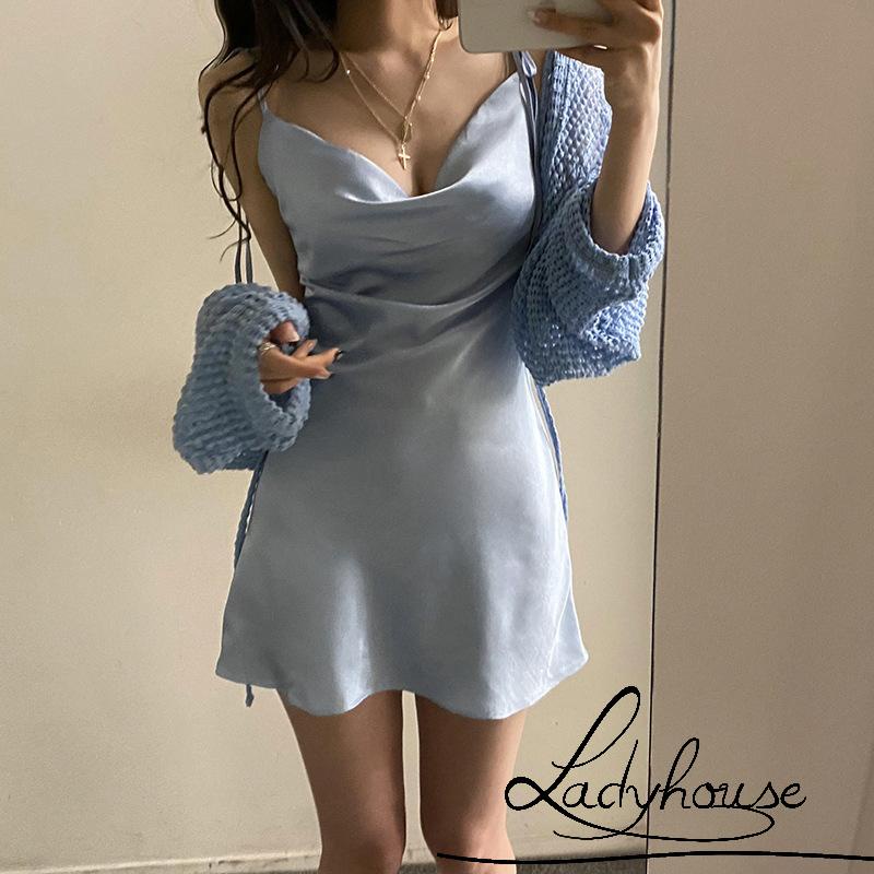 Đầm ngủ một mảnh cổ hai dây màu trơn phong cách gợi cảm cho nữ