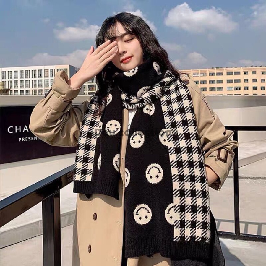 Khăn cashmere len quàng cổ nam nữ họa tiết mặc cười kẻ caro thời trang thu đông màu đen - 38x188cm - Mã LN027