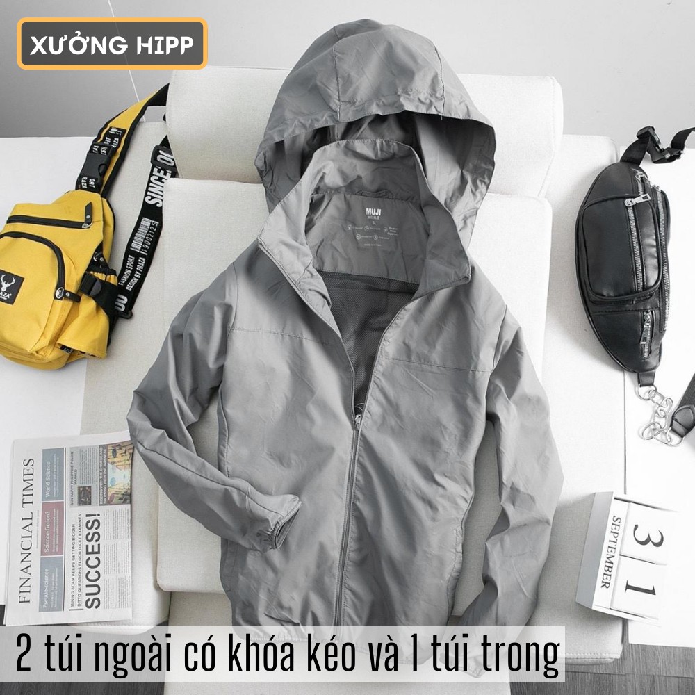 Áo khoác gió nam Muji Xuất Nhật 2 lớp Xưởng Hipp, có mũ tháo dời, chất vải dù nhập chống nước - 2KGM