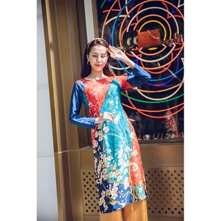 Bộ áo dài cổ thuyền tay dài, dáng cơ bản, in họa tiết - TOSON - B4388X040