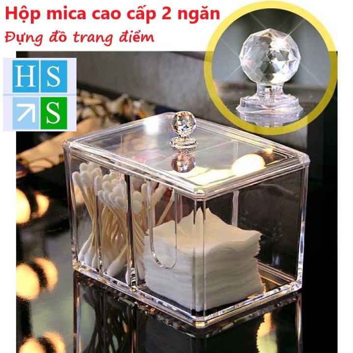 Hộp mica trong suốt 2 ngăn - Hộp đựng đồ trang điểm , bông tấy trang , tăm bông...có nắp đậy , sang trọng