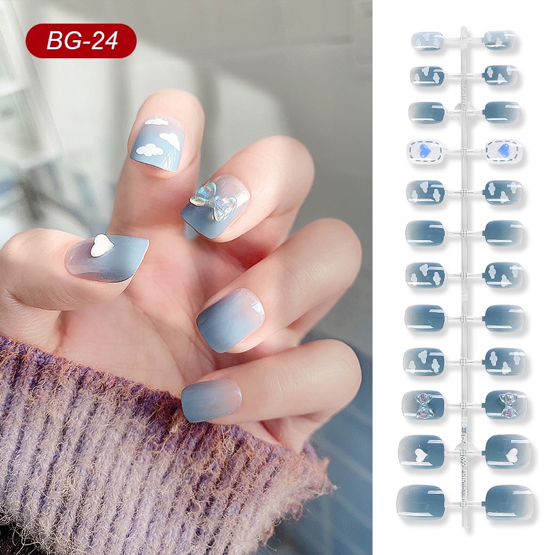 [Hàng mới về] Bộ 24 móng tay giả đính nơ họa tiết bầu trời xanh thời trang<br>