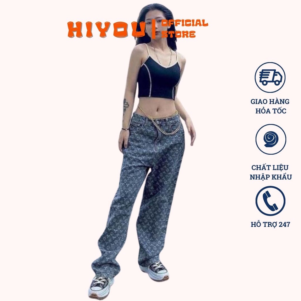 quần jean THÊU HOẠ TIẾT LV nữ ống rông style mùa hạ hottren 2021