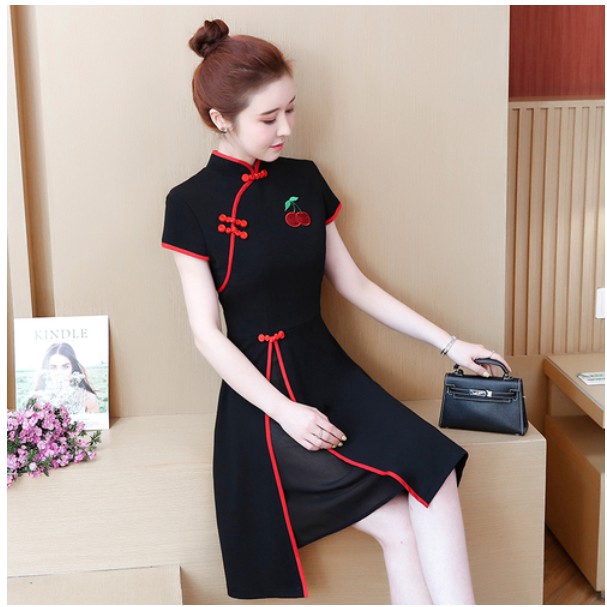 Plus Size Retro Embroidery Qipao Cheongsam Summer Elegant Slim Black Short Sleeve Tunic Midi Dinner Party Prom Dresses