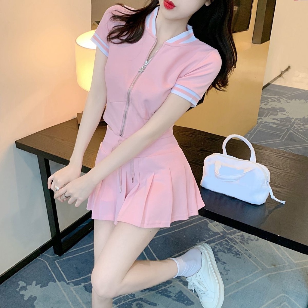 Jiashucheng Set Áo Ngắn Tay + Chân Váy Xếp Ly Phong Cách Preppy Thời Trang Mùa Hè Mới Cho Nữ