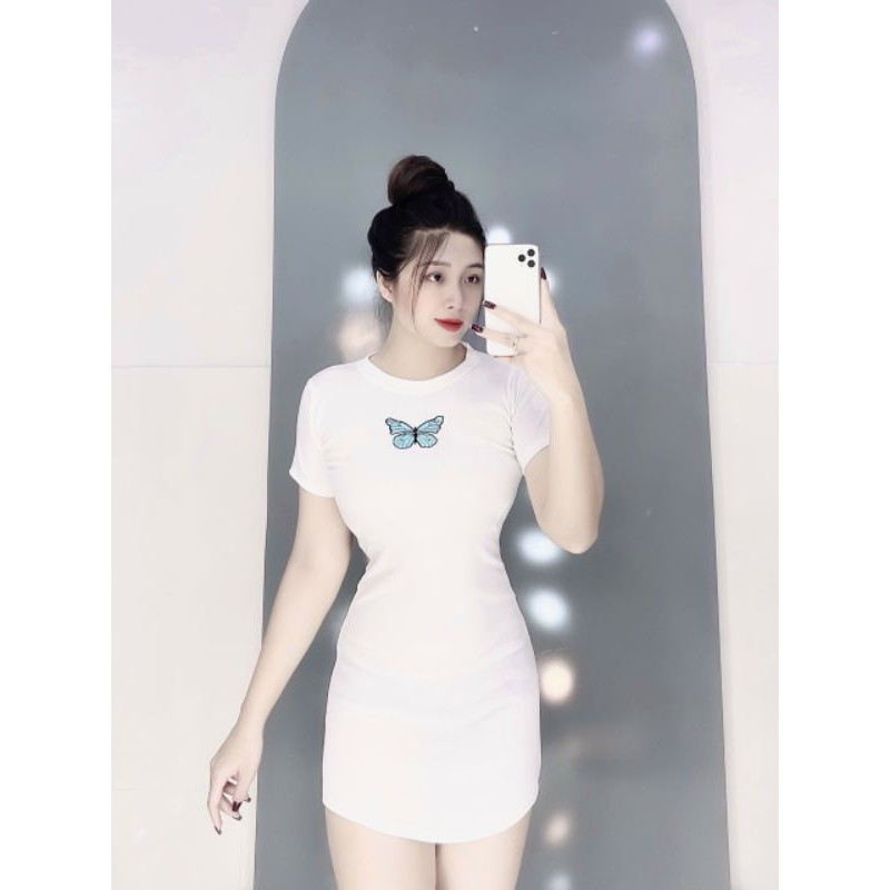 Đầm body tay ngắn thêu bướm (thun loại 1) | BigBuy360 - bigbuy360.vn