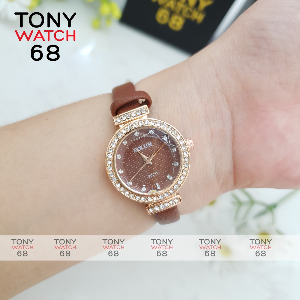 Đồng hồ nữ Bolun đẹp chính hãng dây da mặt viền đá chống nước Tony Watch 68