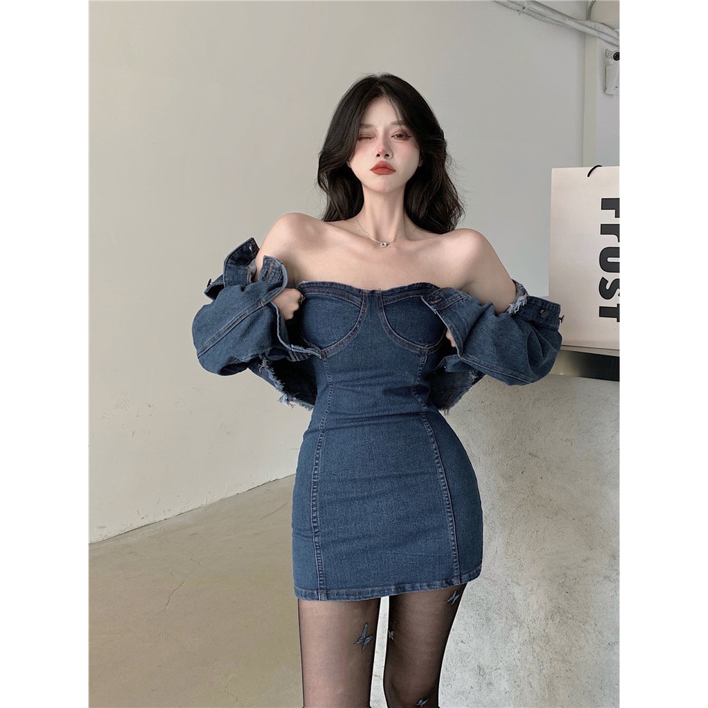 Váy jean phối áo khoác denim phong cách gợi cảm sexy hàng Quảng Châu 2021