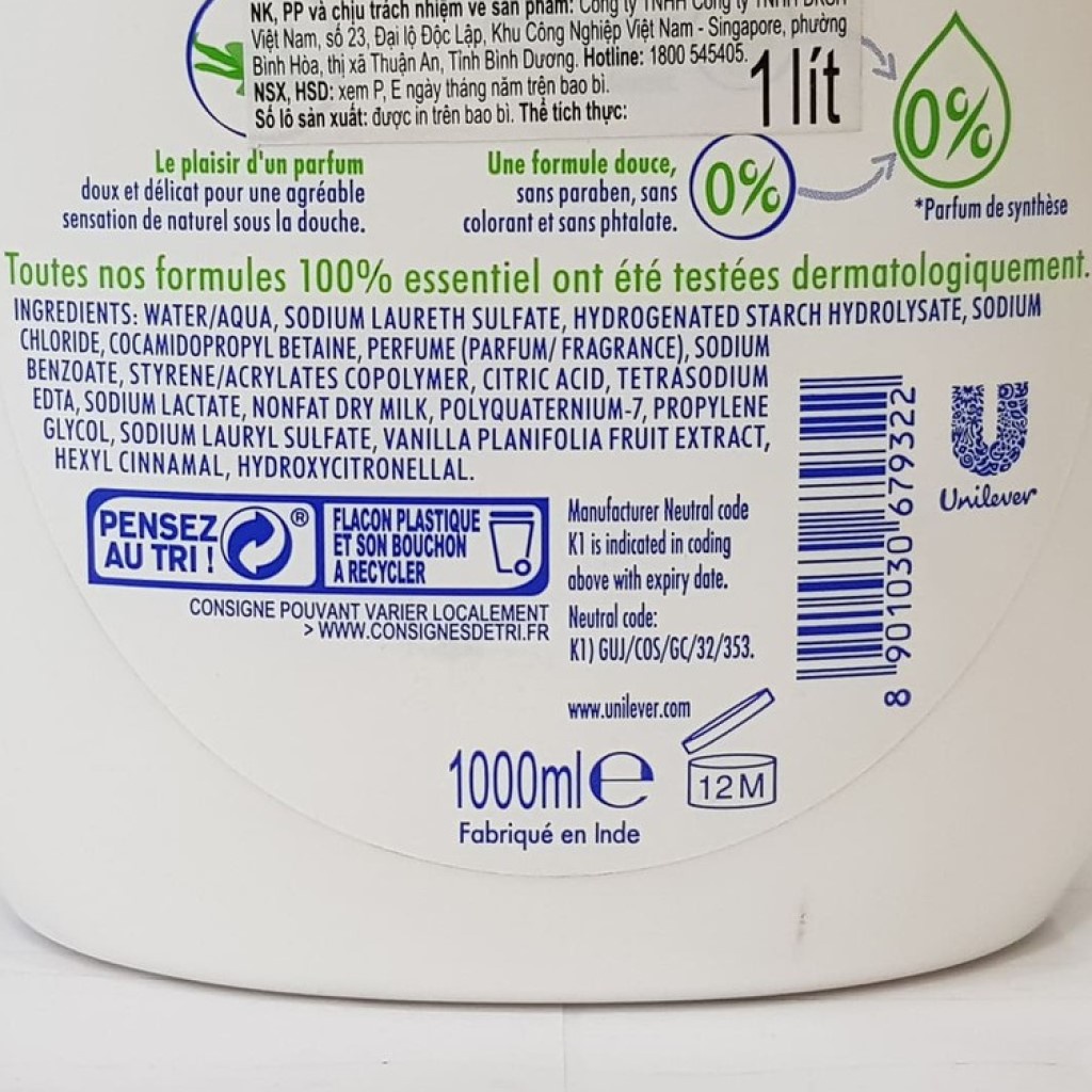Sữa tắm Monsavon chiết xuất sữa và hoa vani 1000ml