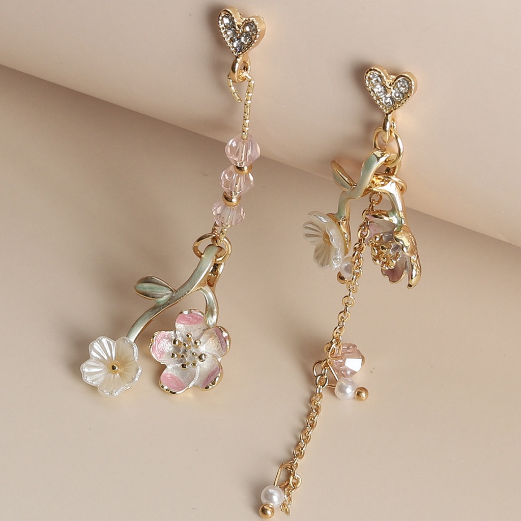 Bông tai hoa anh đào siêu mỏng không đối xứng phối tua rua ngọt ngào