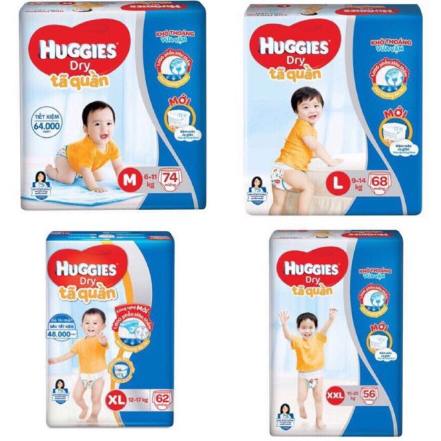 (Tặng miếng) Tã quần Huggies Dry M74/L68/XL62/XXL56/L48/XL42 (Đệm mây)