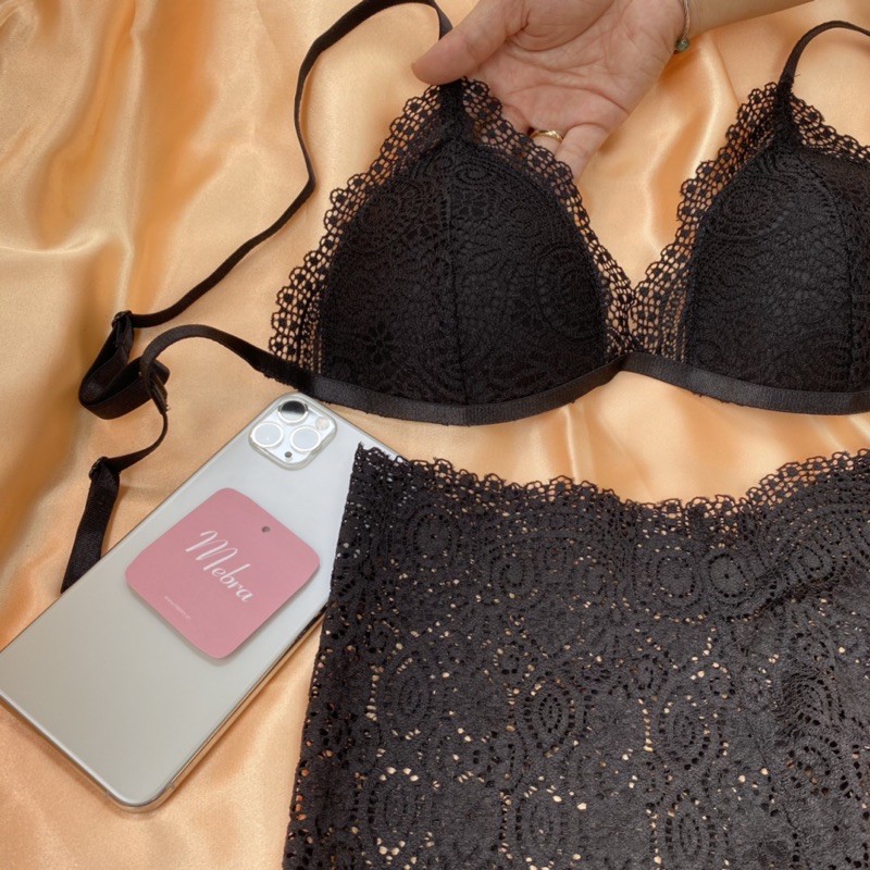 Set bralette đồ lót nữ ren màu đen áo bra không gọng mút mỏng quần dây gợi cảm ren mềm cao cấp Mebra A096 | BigBuy360 - bigbuy360.vn
