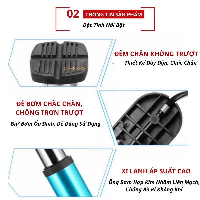 Bơm xe đạp xe máy xe hơi áp suất cao 160 PSI có đồng hồ đo áp suất gọn gàng độ bền cao