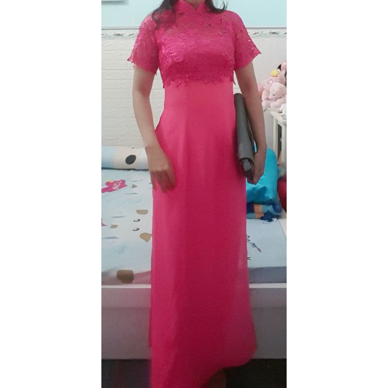 Thanh lý bộ áo dài voan ren hồng eo dưới 70cm