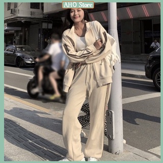 Bộ thể thao nỉ 2 sọc unisex set áo khoác nỉ dài tay có túi kèm quần chun ống rộng chốt gấu freesize